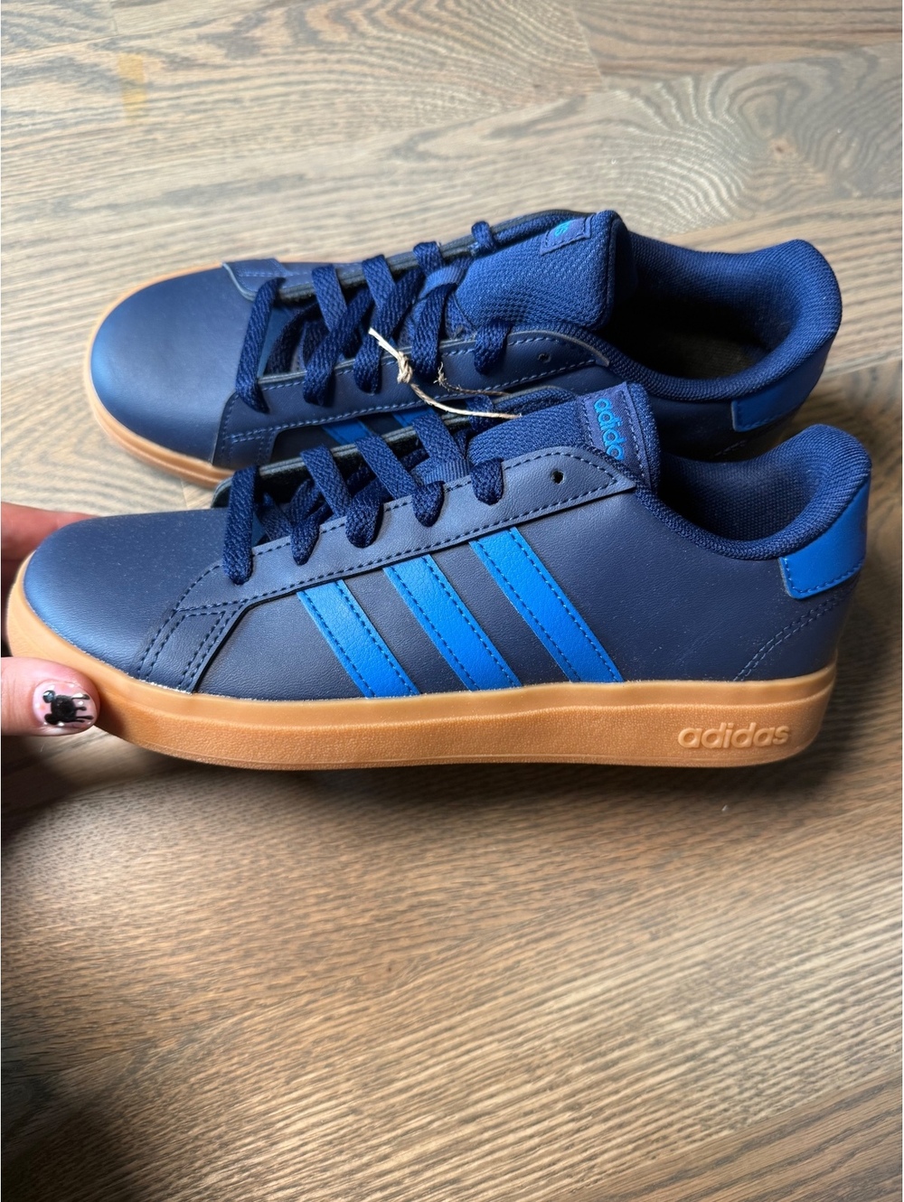 NWT Adidas Navy Blue and Blue Striped Sneakers with Gum Sole, Size 5.5